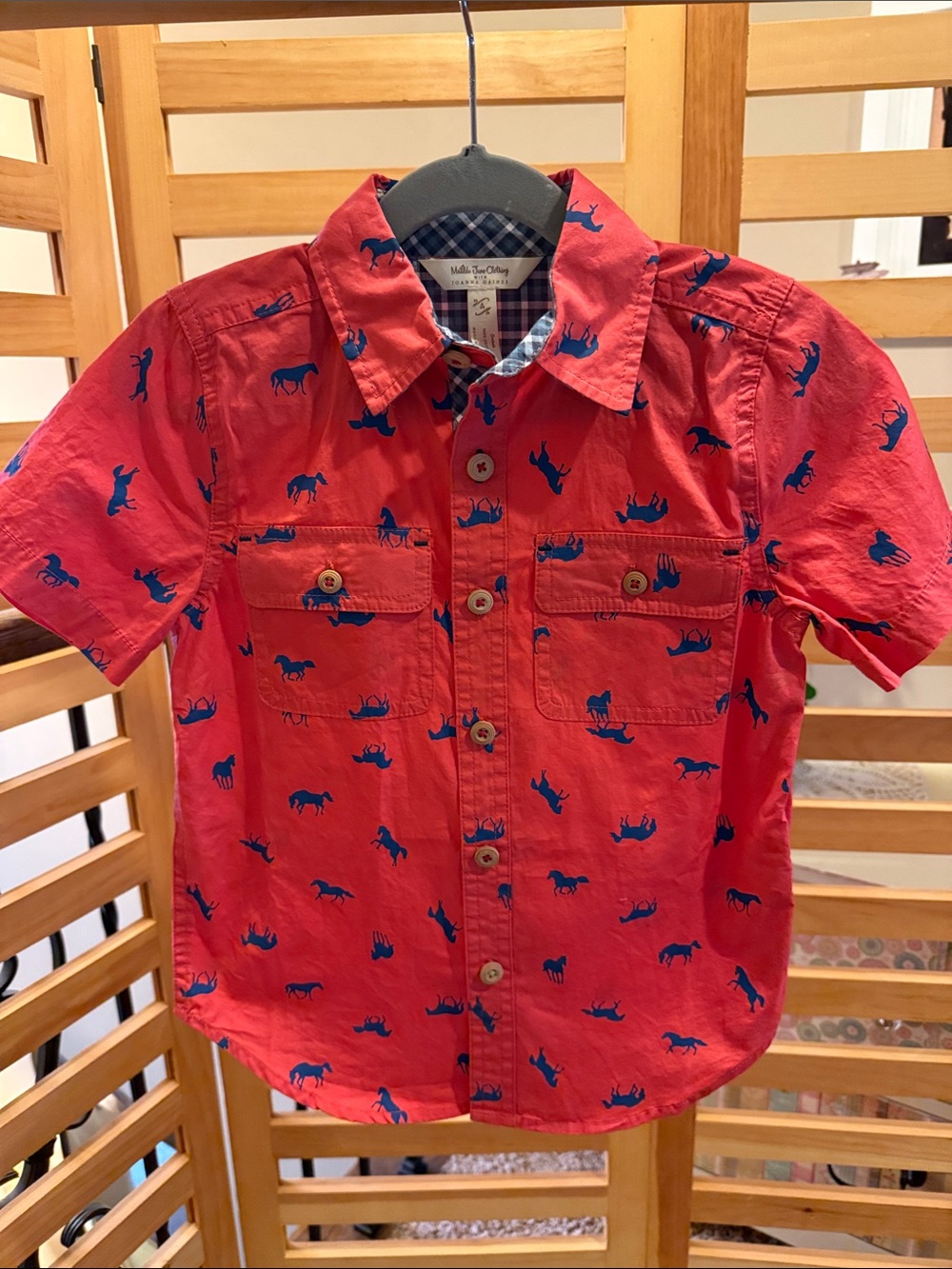 Matilda Jane Red Short-Sleeve Button-Down with Blue Horse Print